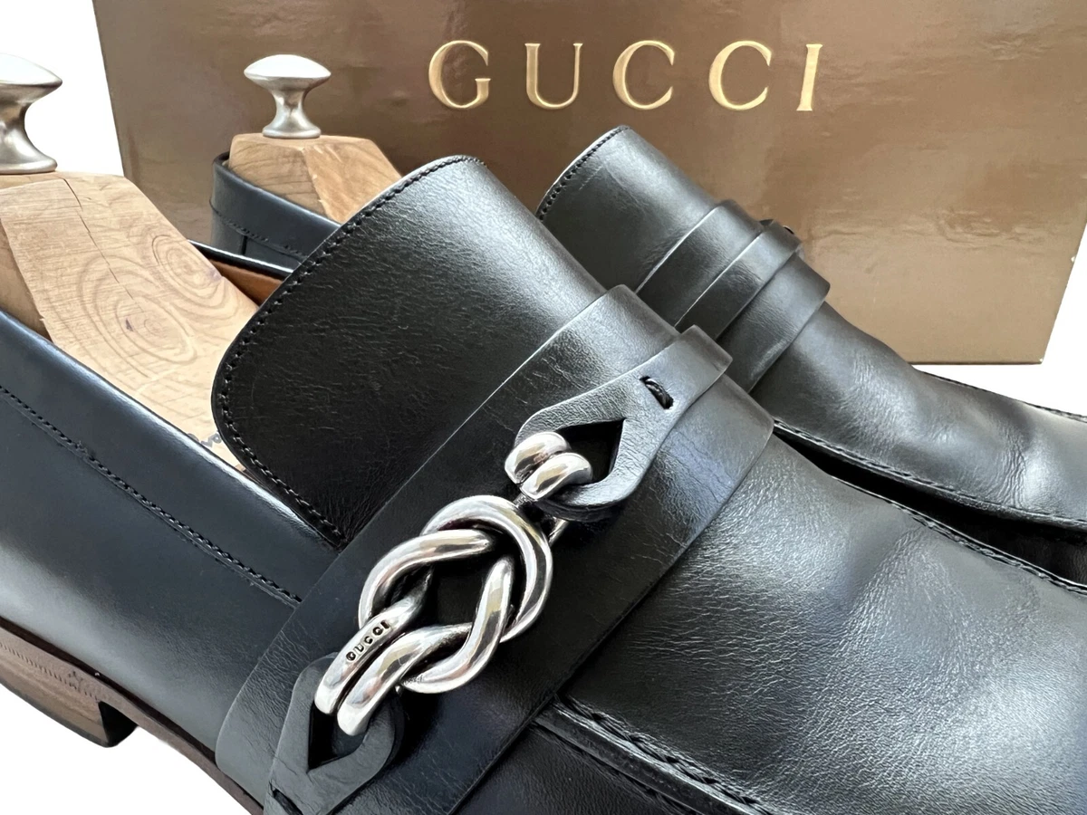 1150 Gucci Mens Black Dress Shoes Silver Chain Bit Loafers UK 7 US 8 EU 41 E