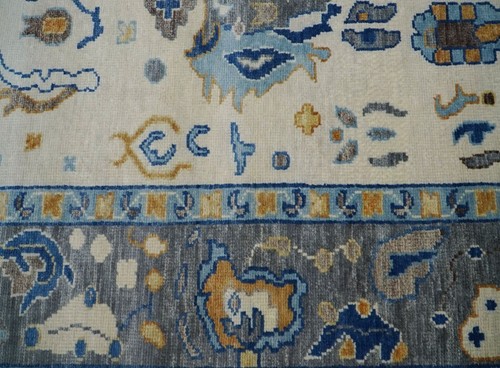 Handmade Antique Ivory-Blue Turkish Oriental Oushak Area Rug | Hand-Knotted Rug - Picture 8 of 9