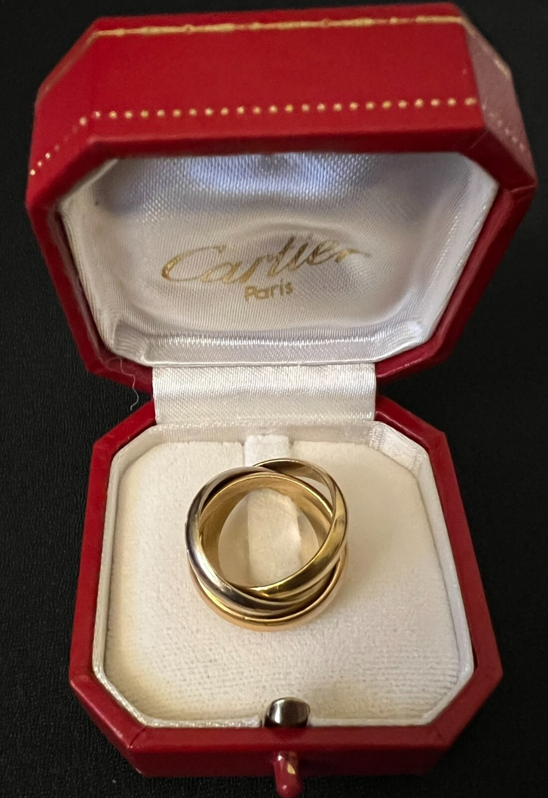 Cartier Trinity 18k Tri-Color Gold Rolling Ring Band Size 49 White Yellow Rose-image