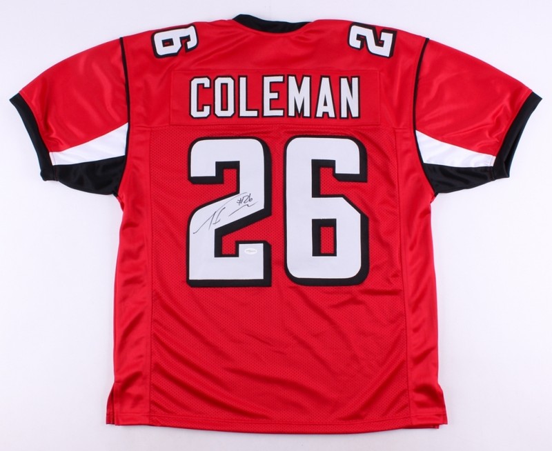 Tevin Coleman Signed Falcons Jersey (TSE COA) San Francisco 49ers  Running Back 