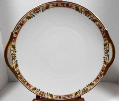 Vintage B & C France Limoges Serving Plate Gold Trim Red Flowers Green Vines