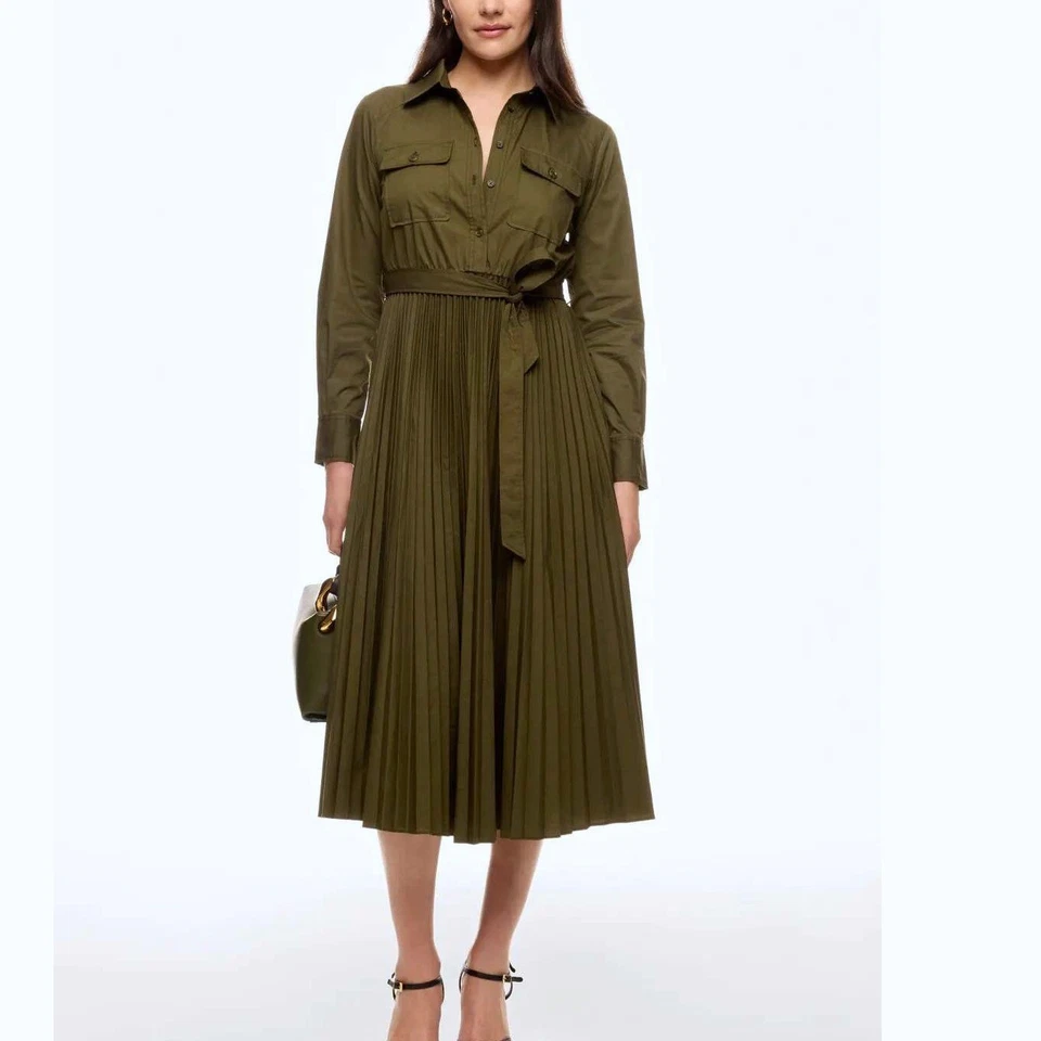 Derek Lam Collective Pleated Green Midi Shirt Dress Size 0 Women Olive Green RTR - Image 3 of 4