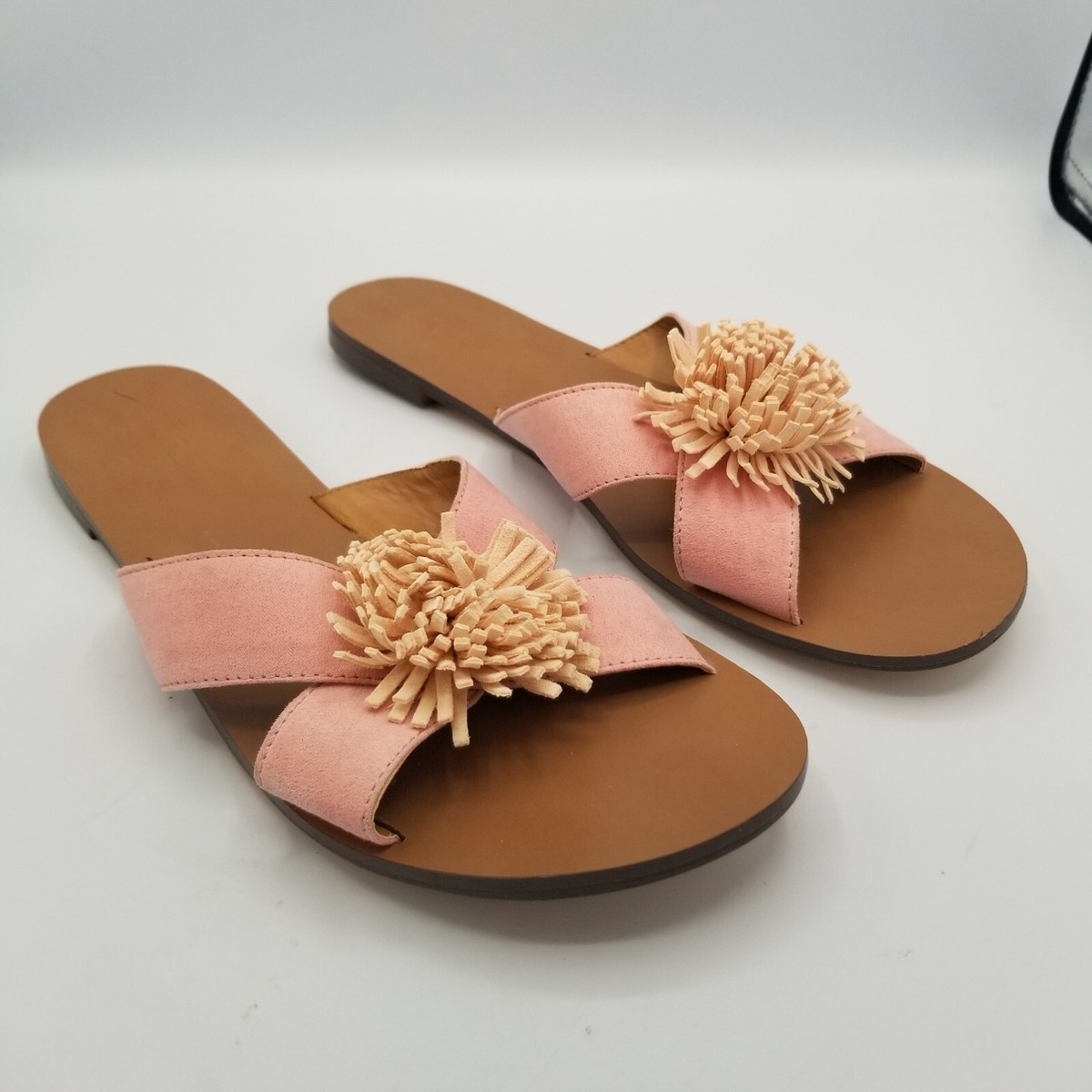 Crew Womens Faux Suede Pom Pom Slides Sandals Flats Pink Size