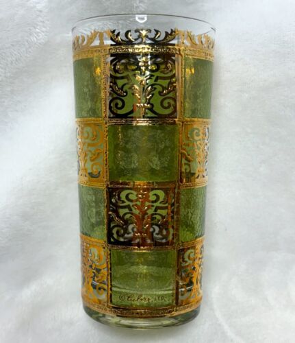 Seven Vintage Prado Culver Highball Glasses Green and 24k Gold Checkered MCM - Picture 3 of 10