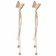 2pcs Women's Charm Frosted Stainless Steel Butterfly Tassel Drop Dangle Earrings