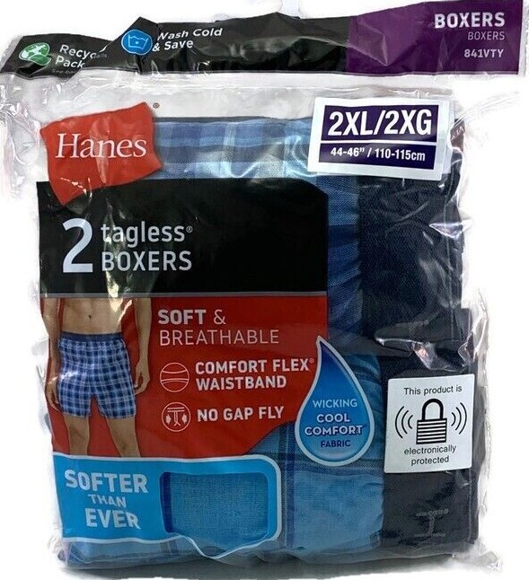 Hanes Men's Boxers Tagless Plaid Blue 2XL 44-46 inches pack
