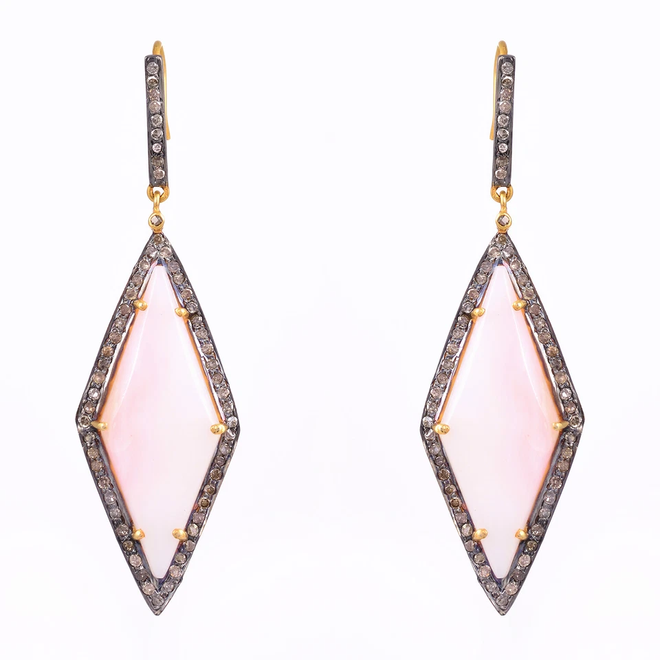 Pendientes colgantes de plata 925 con piedras preciosas de ópalo pavé de diamantes oro de 14K joyería de regalo fina Foto 4 de 4