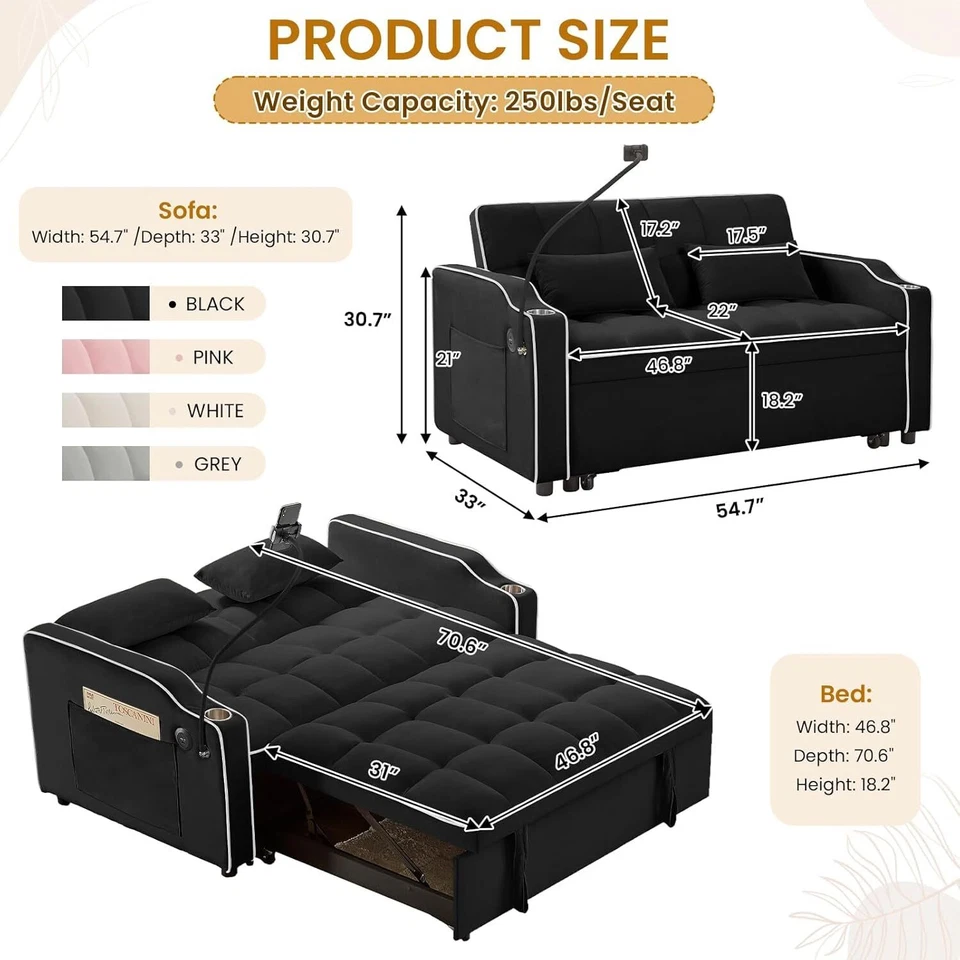 3 in 1 Convertible Pull-Out Sofa Bed Sleeper Couch With USB Ports & Phone Stand - Image 2 of 4