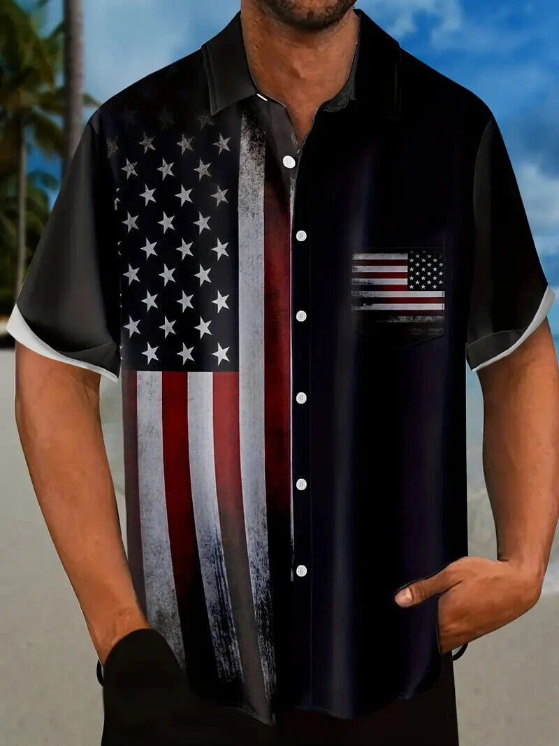 Button Down Shirt Men American USA Flag Patriotic Distressed Dress Black Fashion