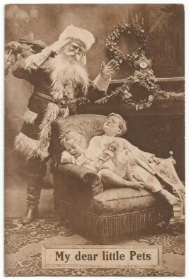 Christmas Postcard Santa Claus Standing Over Sleeping Children c.1910 #39