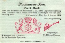 Kasy miejskie - Bon Mülhausen i. Alzacja 2 marki 1914 UNC