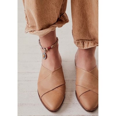 Free People Lordes Tan Leather Crossover Wrap Mules Pointed Toe Flats Spain 38