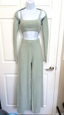 SMALL - SKIMS Cozy Knit 3 Piece Lounge Set Bralette Wide Pant MINT Green Terry