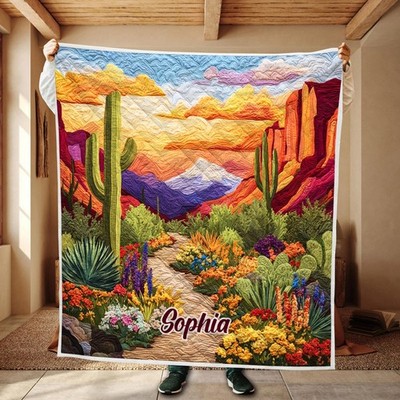 Custom Desert Landscape Quilt Blanket Cactus Sunset Throw Cozy Gift Idea Soft