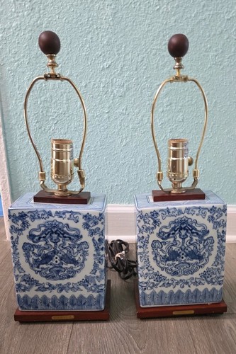 Set Of 2 Ralph Lauren Blue Table Lamps Floral Koi Chinoiserie Wood Works Shades
