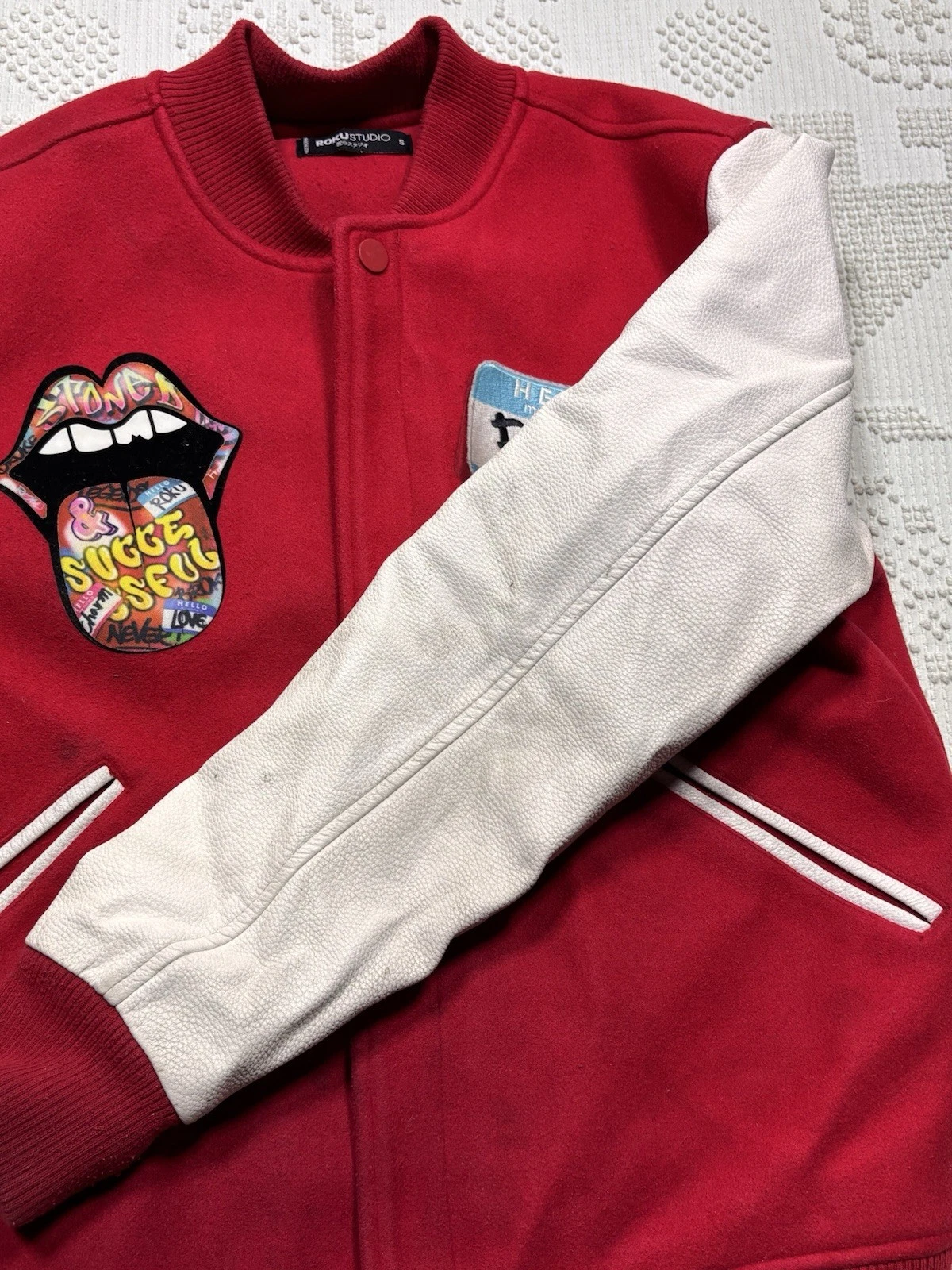 Roku Studio Stoned And Successful Varsity Jacket Red White Mouth Tongue Men’s S image 12