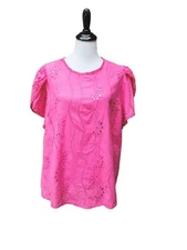 SHEIN Plus Pink Eyelet Print Blouse SIZE 3XL Tulip Sleeves Lightweight Bright