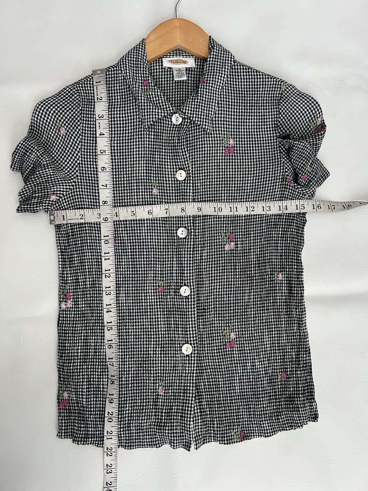 Talbots Vintage Gingham Button Up Embroidered Top… - image 8