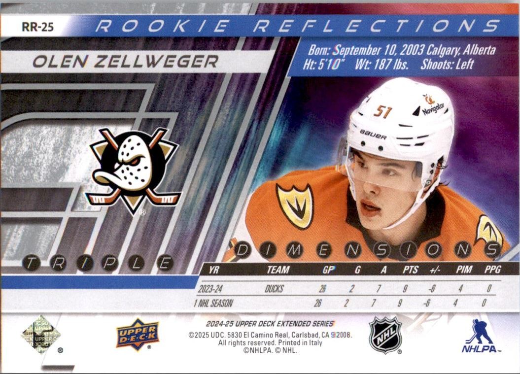 2024-25 UPPER DECK EXTENDED ROOKIE REFLECTIONS OLEN ZELLWEGER