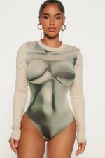 Fashion Nova Shape Of Me Long Sleeve Taupe Green Bodysuit, Size L Crew Neck