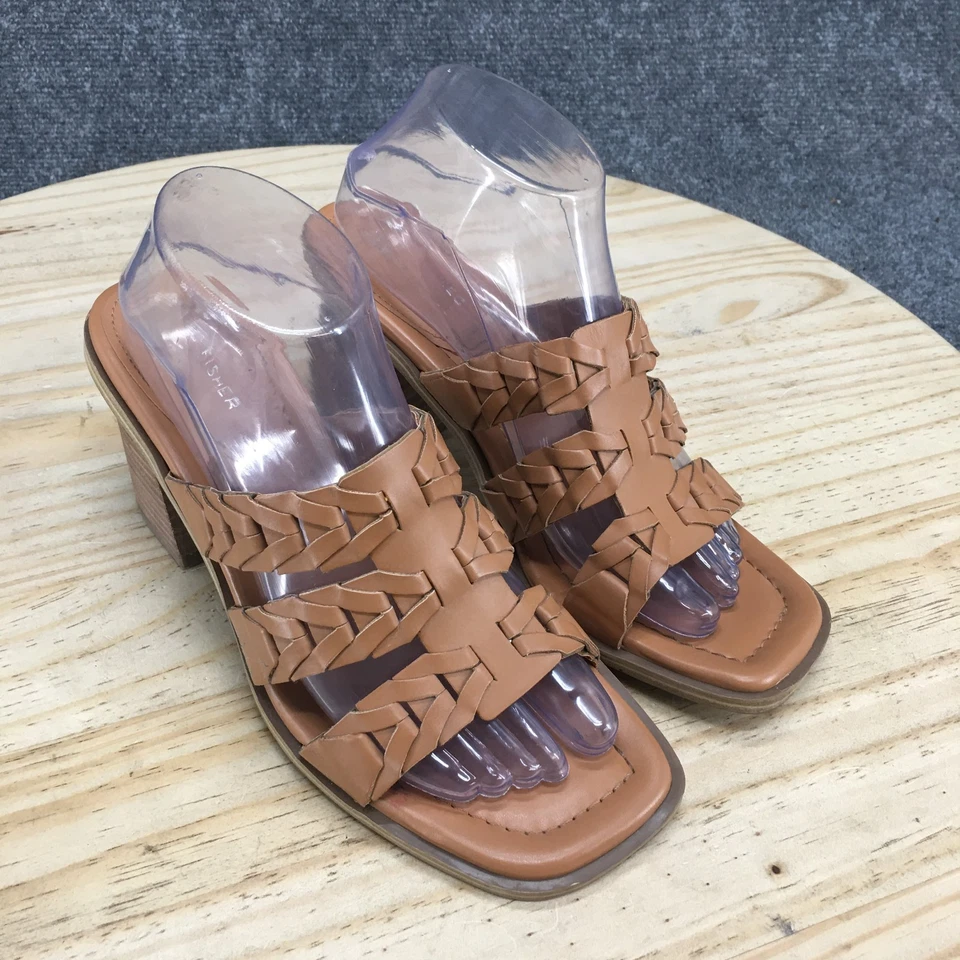 Sandálias femininas Marc Fisher 9M slide couro sintético bronzeado biqueira aberta salto bloco - Imagem 3 de 4