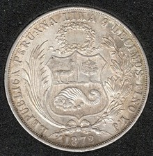 1872 Y.J  "Y/Y" - PERU Un Sol - 90% Silver Crown 