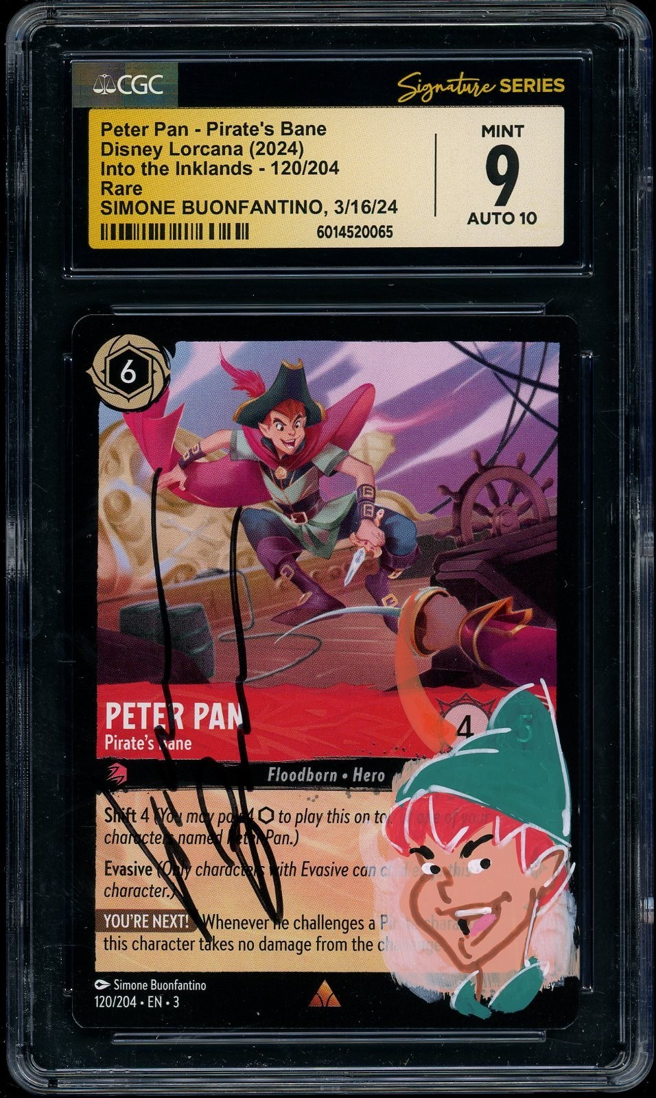 Disney Lorcana Peter Pan Simone Buonfantino signiert skizziert CGC 9 AUTO 10