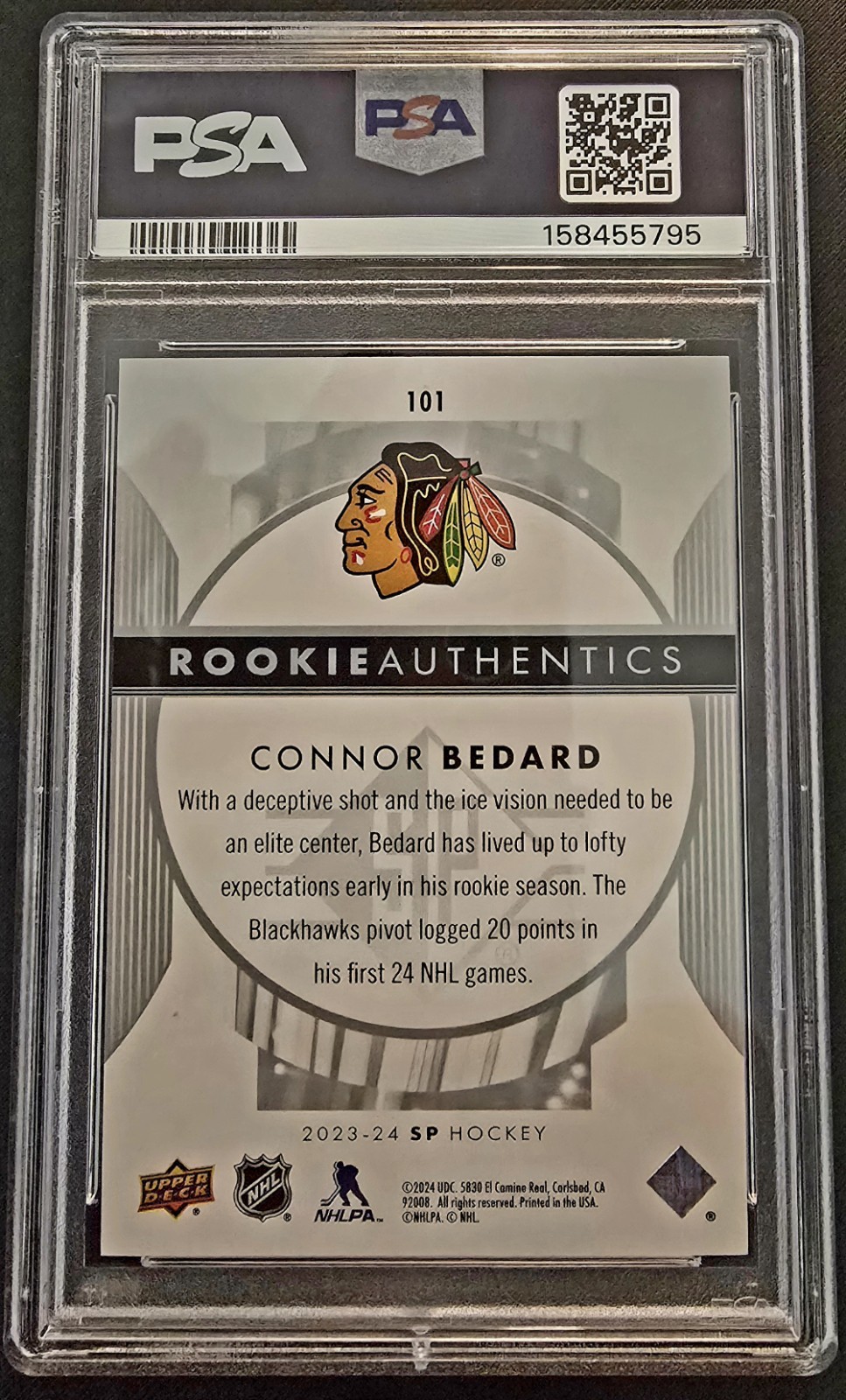 2023-24 Sp Rookie Authentics Connor Bedard #101 1222/1299 (RC) PSA 10! view 2