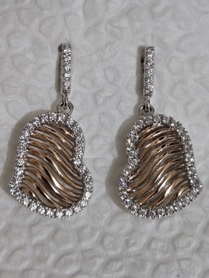 Dangling Heart Shape CZ Earrings Sterling Silver Two Tone Sideways Design 25mm