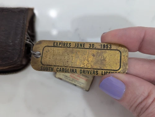 Vintage 1953 Brass South Carolina Drivers License N. Augusta SC Disabled Vet Tag - Imagen 10 de 11