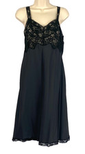 Vintage 1970s black slip dress S sheer lace knee nylon full pin-up lingerie