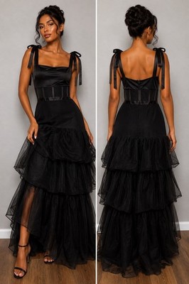 Lulus Mystique Black Tulle Tie-Strap Tiered Maxi Dress Whimsigoth Formal Hoco XL