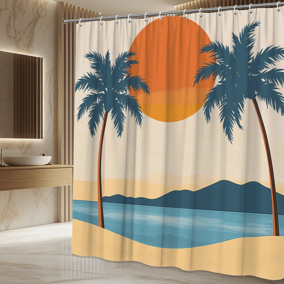 Cortina de Ducha Playa Puesta de Sol Palmera Tropical Océano Baño Decoración Costera Foto 4 de 4