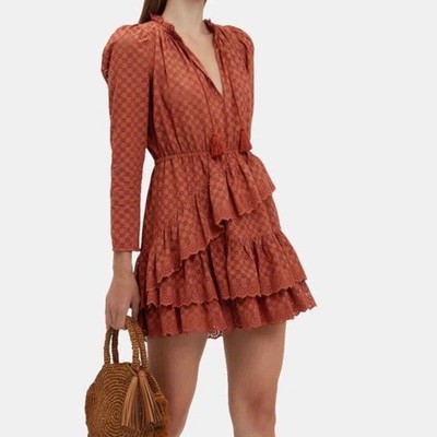 ULLA JOHNSON Josette Broderie Anglaise Eyelet Dress Women 2 Rust Ruffle Tiered