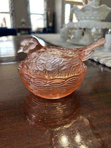 Vintage Heisey Glass Co Pink Depression Glass Dove on Nest Basketweave 1930’s