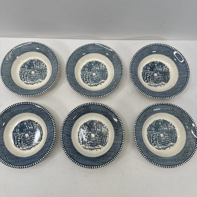Currier Ives Blue White Berry Bowls Set 6 Old Grist Mill Cottagecore Decor