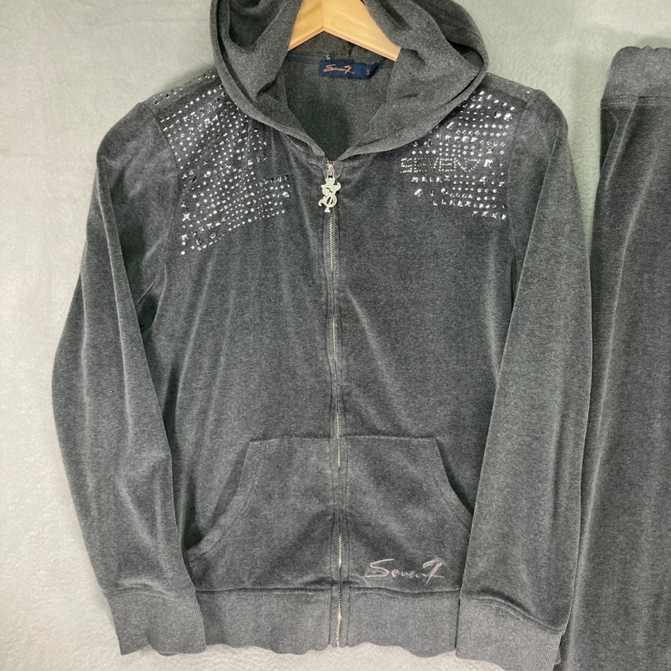 Conjunto de chándal de terciopelo para mujer Seven7 pantalones con capucha estrás adornado XL Y2K Foto 2 de 4