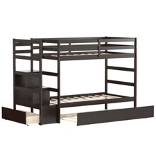 Modern Children Twin-Over-Twin Bed Frame Bunk Bed With Storage Shelf and Drawer