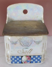 Victoria China Czechoslovakia Wall Salt Box Canister with Lid Lusterware Vintage
