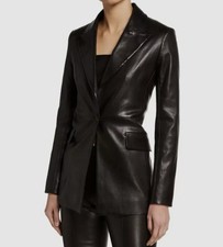 £4500  Rosetta Getty Women's Black Leather Peak-lapel Coat Jacket Size 8 Us
