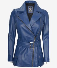 Women's Biker Asymmetrical Stylish Belted Moto Blue Sheepskin Leather Jacket