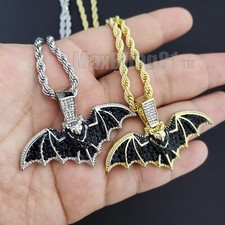 HIP HOP GOLD PLATED ALLOY CUBIC ZIRCONIA BAT PENDANT  24" ROPE CHAIN NECKLACE
