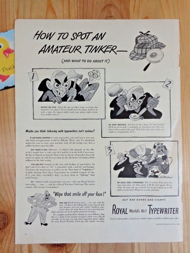 Royal Typewriter Magazine Ad Print 1943 WWII Spot an Amateur Tinker - Picture 2 of 4