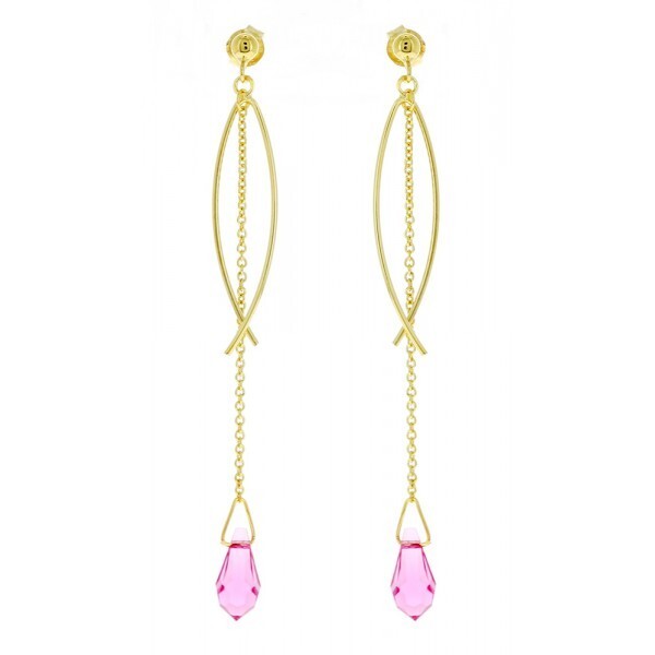 Boucles d'oreilles pendantes cristal rose et plaqué or 18k