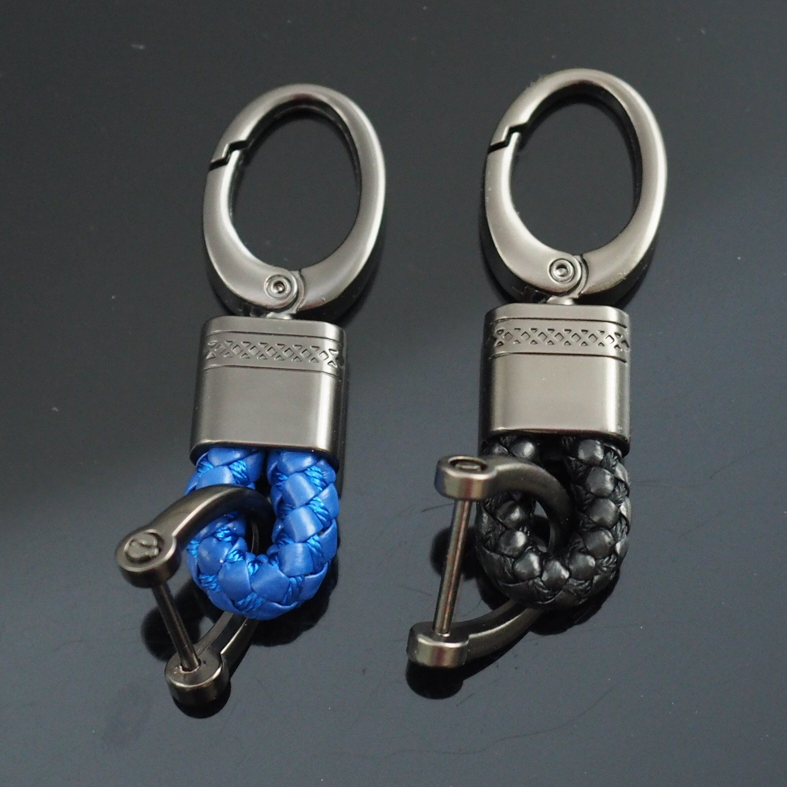 2pcs Blue & Black Woven Leather Fob D-Ring Buckle Keychain Key Ring Holder Clip
