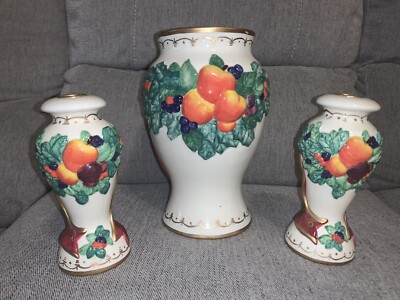 Bella Casa By Ganz Multi Color Vase and 2 Candle Stick Holder Fruit Leaves Gold