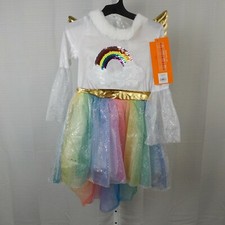 Niñas Arco Iris Unicornio Halloween Disfraz Vestido Alas Tocado 10-12 Grande