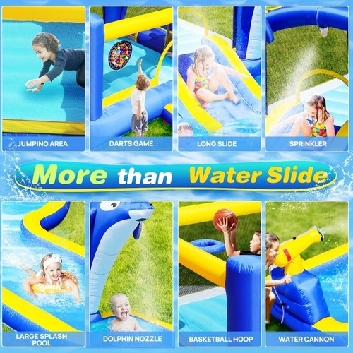 8 in 1 Inflatable Bounce House Dolphin Sprinkler W/Blower & Basketball &Football - Picture 8 of 14