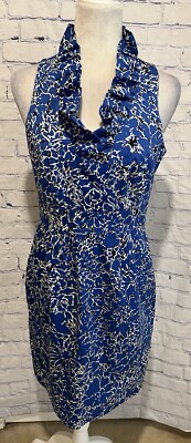 Taylor Nordstrom Ruffle Collar Sheath Dress Blue White Floral Career Womens 8