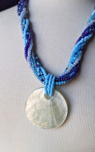 Multi Strand Twist Braid Blue Seed Bead Round Mother Pearl Pendant Necklace